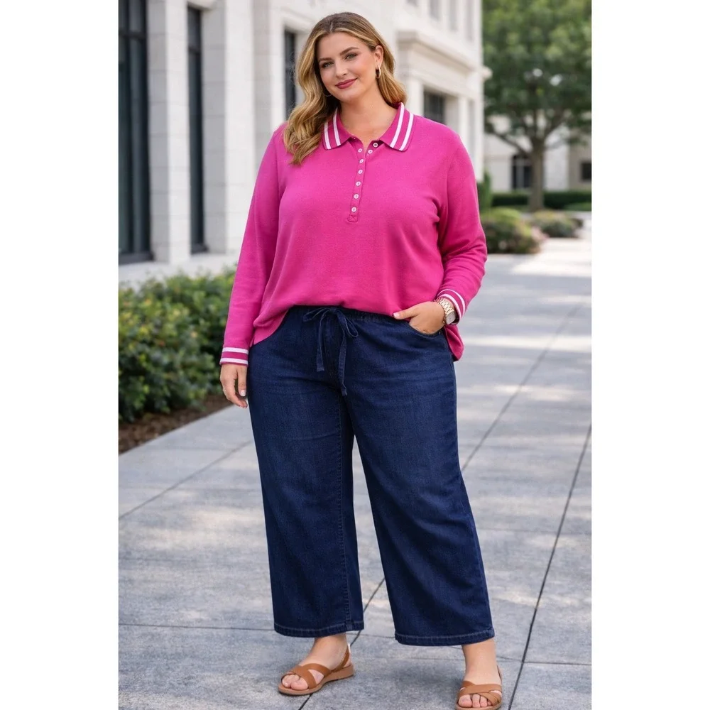 Lane Bryant High Rise Pull On Wide Leg Jeans Dark Wash Blue Petite 22P 1143546 - Picture 1 of 9